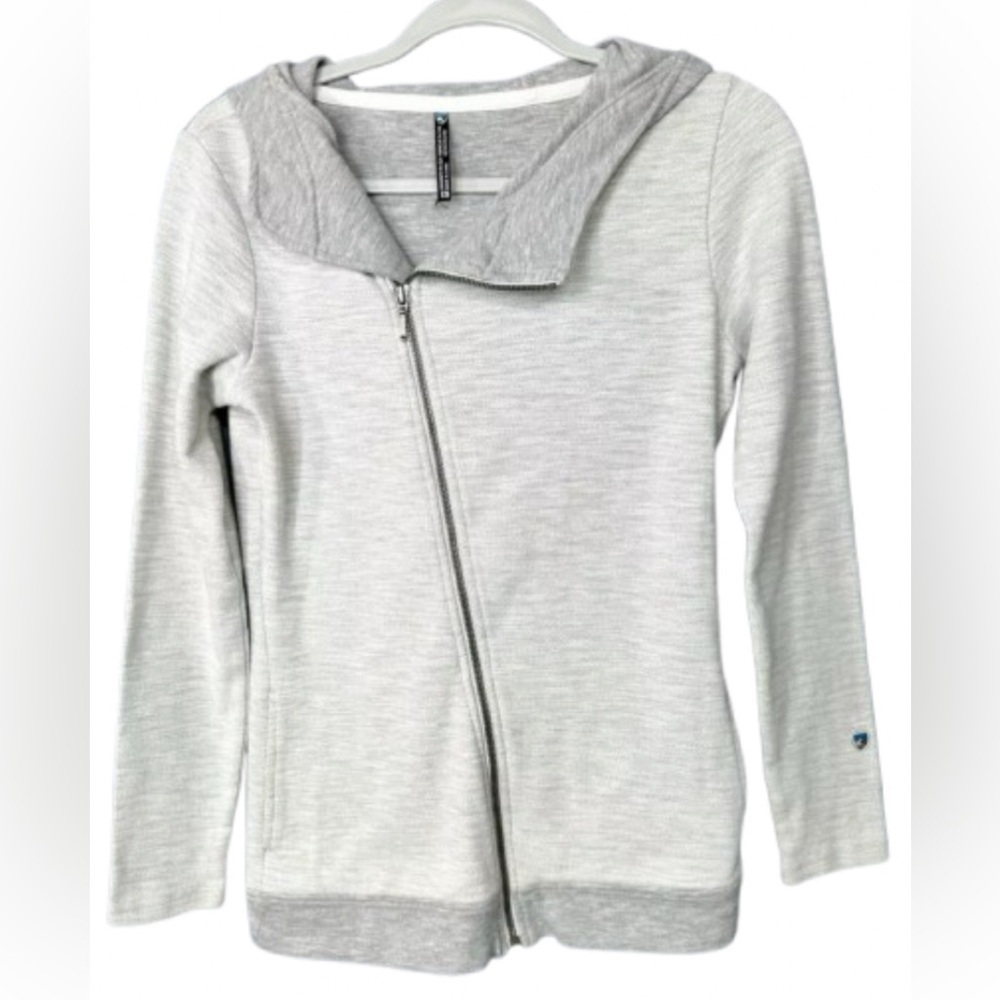 Kuhl Arva Hoodie Jacket Womens XS Lt Gray Jacquard Cotton Asymmetrical Full Zip